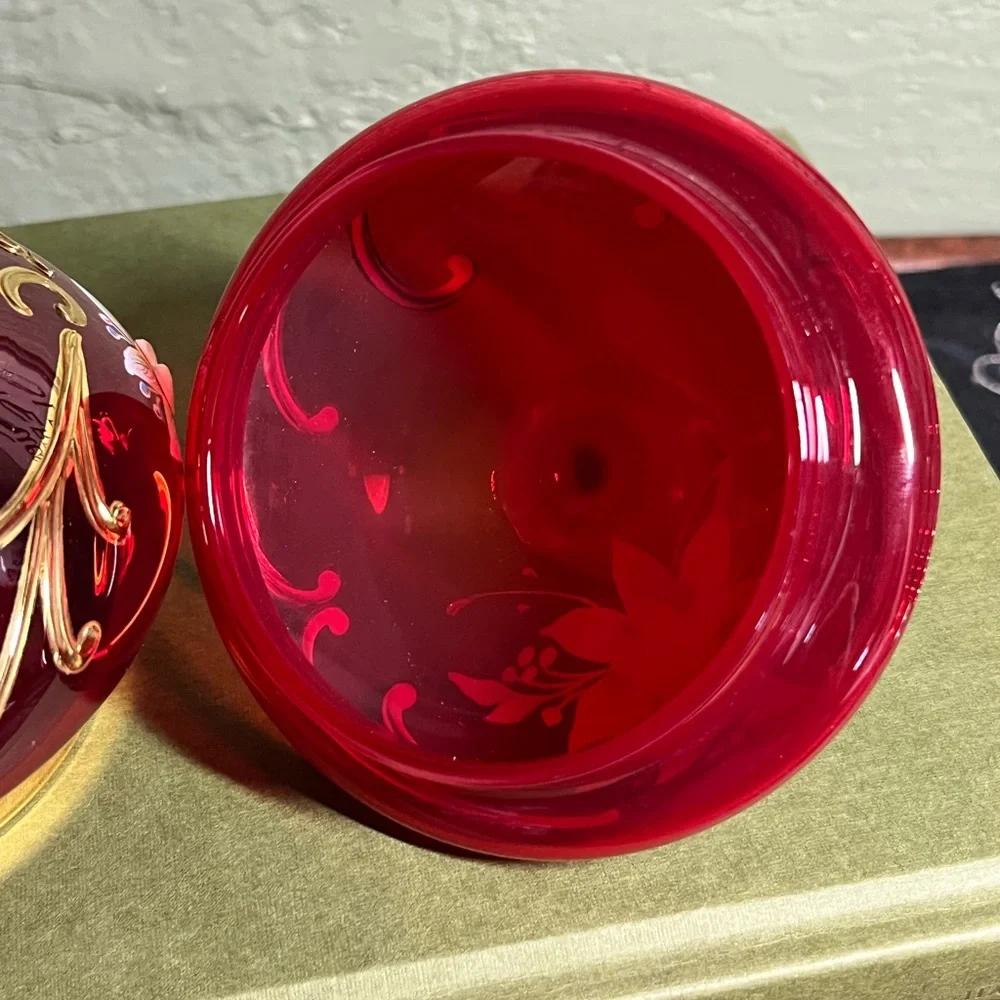 Authentic Bohemian Czech Ruby Red Cased Glass Jar Hand Painted 24K Gold